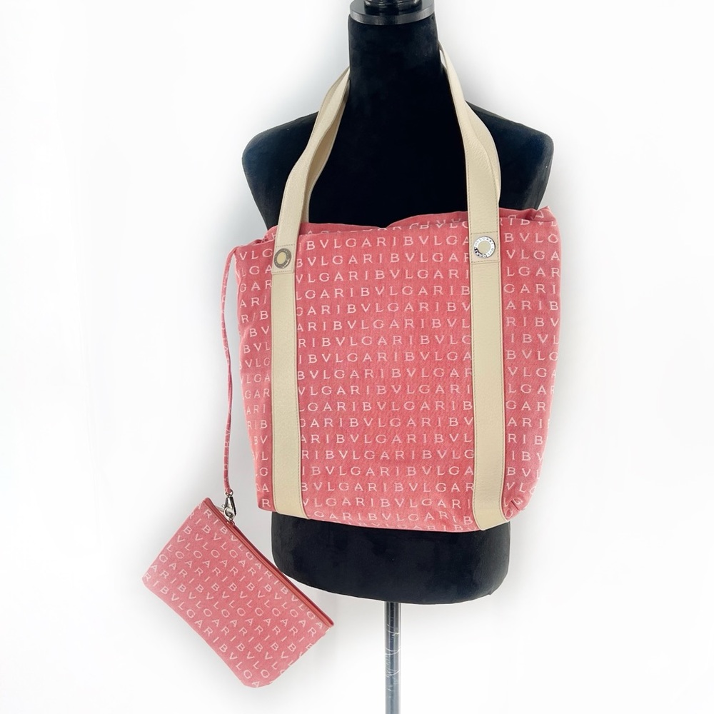 Bvlgari Agatha Jacquard Fabric/Leather Shopping Tote Medium Salmon/Cream w/Pouch - Picture 16 of 17